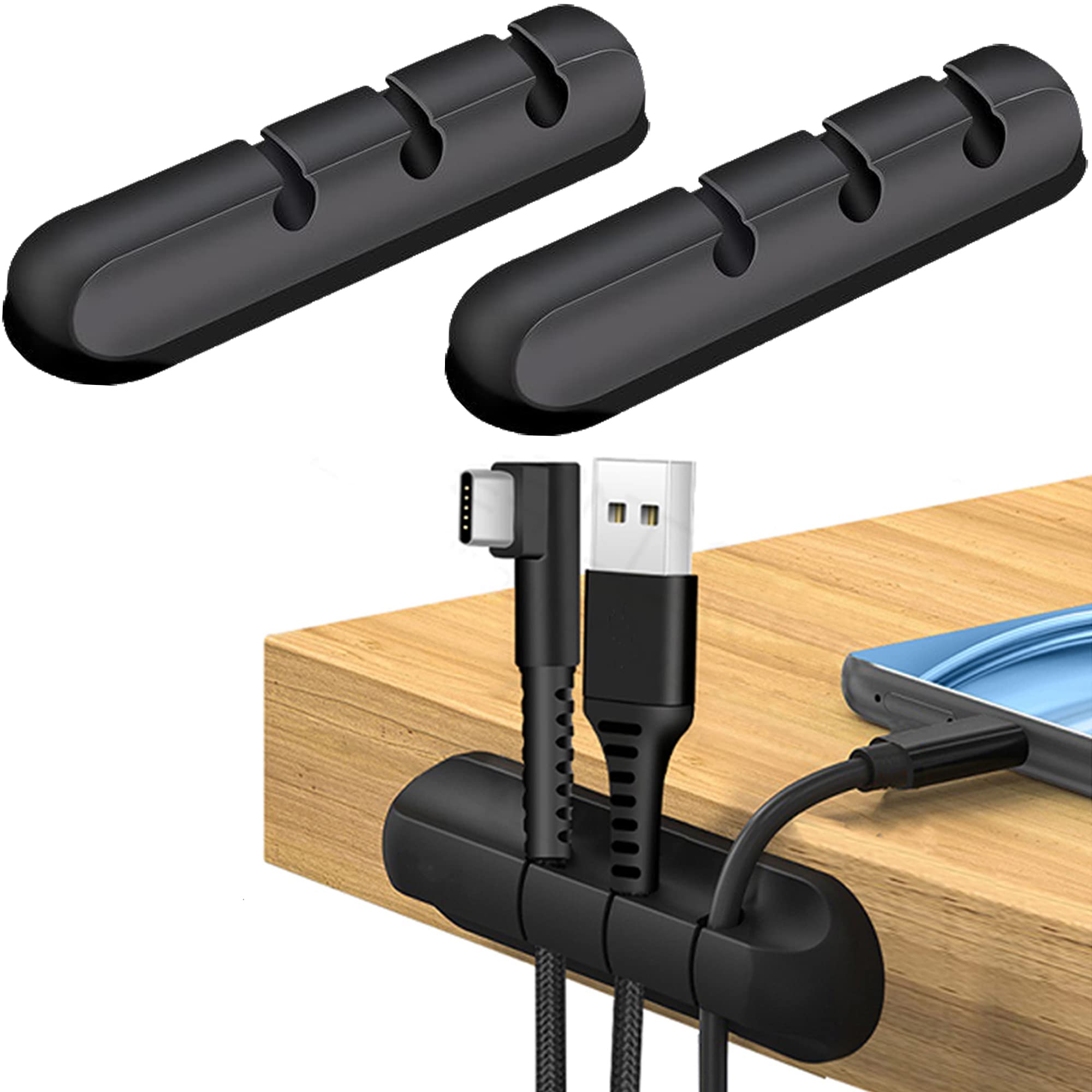 Cable Holders Adhesive Clips for Cable Management Tidy Power Cord, USB Cable Organizer Desktop Wire Organizer Cable Tie Holder Office Accessories- 2 Pcs (Black)