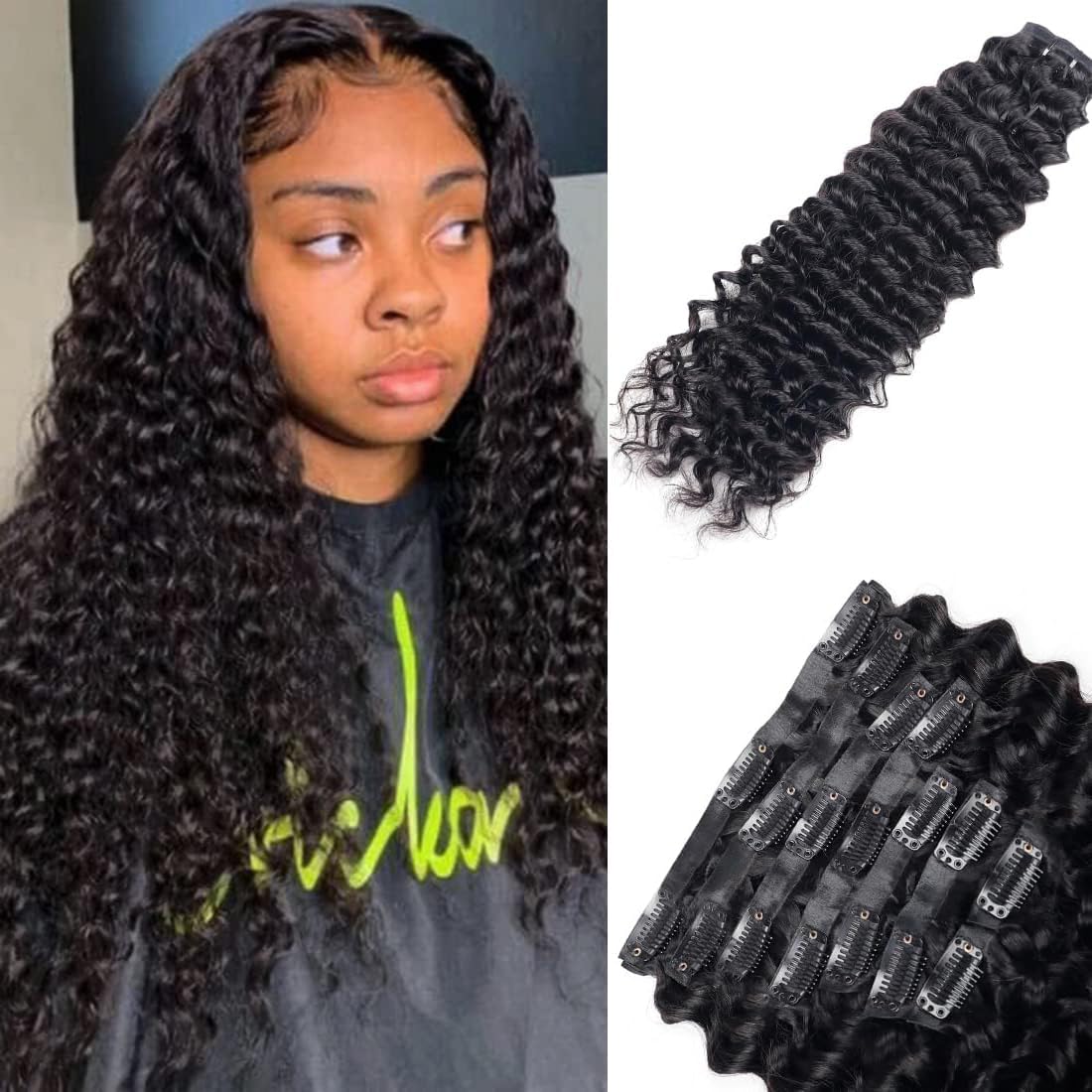 Pobokix Seamless Clip in Hair Extensions Human Hair Deep Wave Clip ins for Black Women 8Pcs Brazilian Virgin Human Hair Clip in Extensions PU Skin