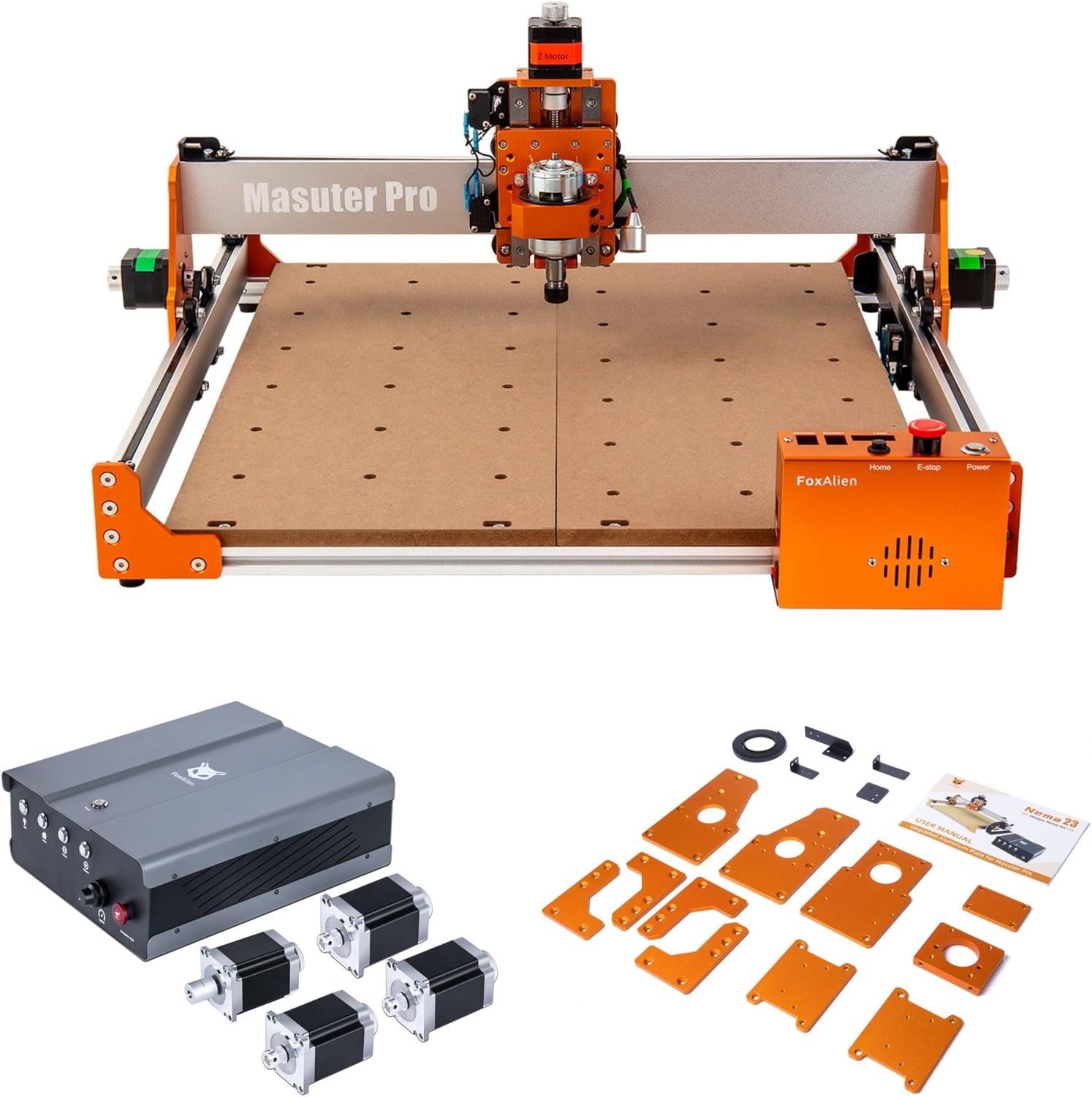 FoxAlien Masuter Pro CNC Router Machine + NEMA23 Stepper Motors Upgrade Kit & Upgraded Aluminum Plates Kit