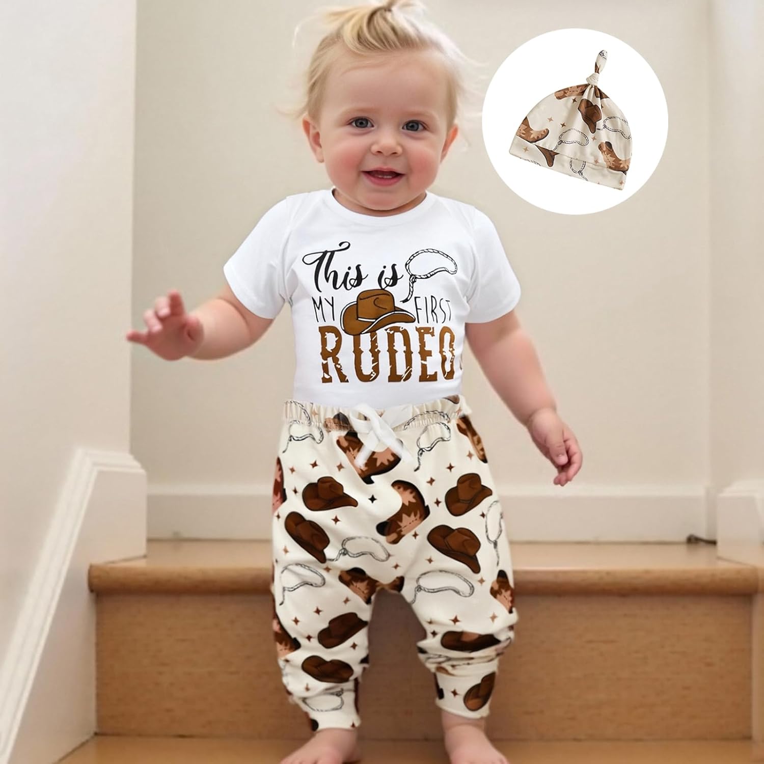 My First Rodeo Outfit Western Baby Boy 1st Birthday Clothes Short Sleeve Romper Pants Hat Set Newborn Cowboy Outfits - Image 5
