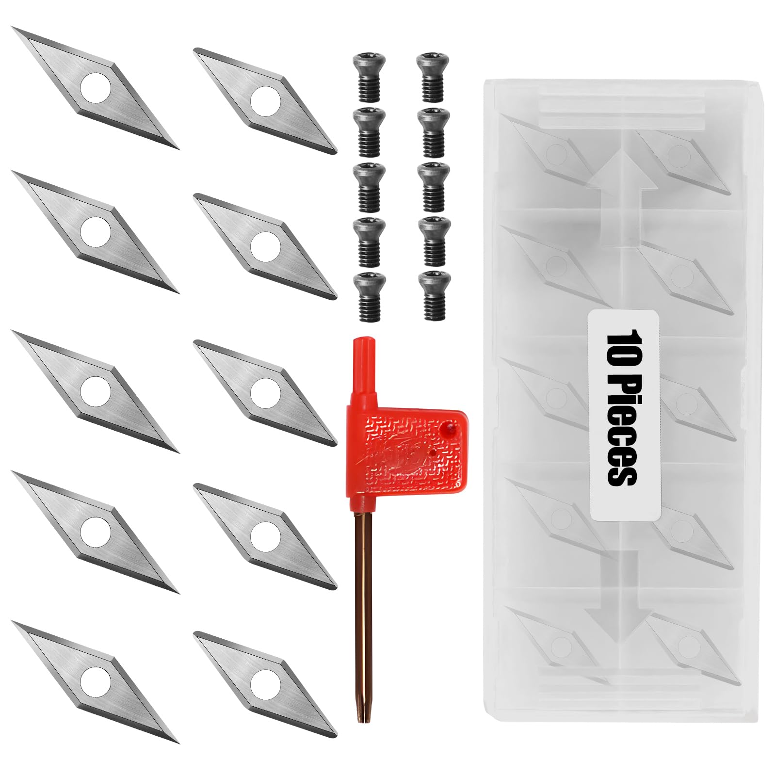10Pcs Tungsten Carbide Cutters Set for Wood Lathe Turning Tools, Include 30x10mm Diamond Pointed Corner and Rounded Corner Diamond 5 Each, Supplied With Screws and Screwdriver