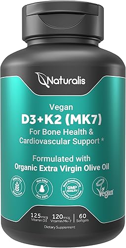 Naturalis Vitamina vegana D3 + K2 de algas | 5000iu Vitamina D con 120 mcg MK7 Vitamina K | Certificado Vegan Society de origen sostenible, mejor