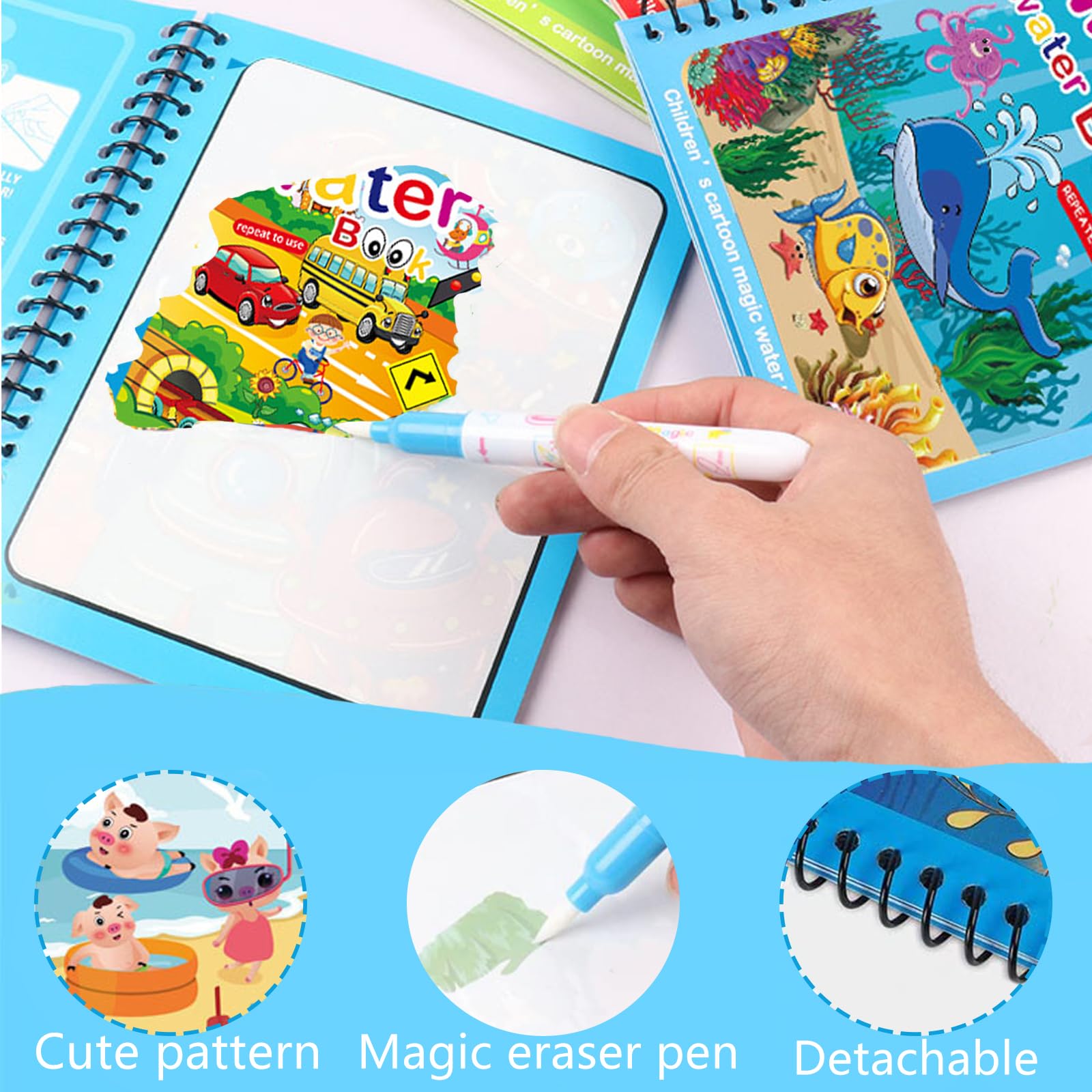 2 Pezzi Libro Da Colorare Ad Acqua Magica Per Bambini Libro Da Disegno Ad Acqua Riutilizzabile Con Penna Magico Educativo Doodle Pittura Giocattolo - Foto 9