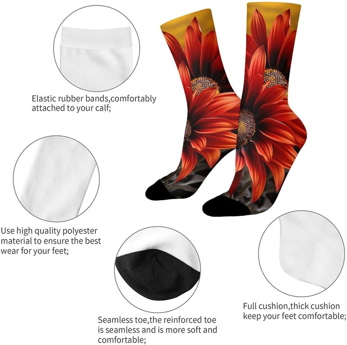 Breathable Sports Socks, Moisture Wicking, Lightweight Crew Socks | Red Sunflower Athletic Calf Socks for Women Men, Casual, Anti-Slip, Multifunctional Work Socks