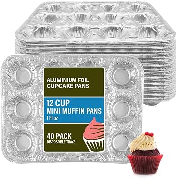 PARTY BARGAINS 12-Cup Aluminum Mini-Muffin Pans - 40 Pack, Mini Cupcake Pans, Disposable Mini-Muffin Tin for Baking Max 240C