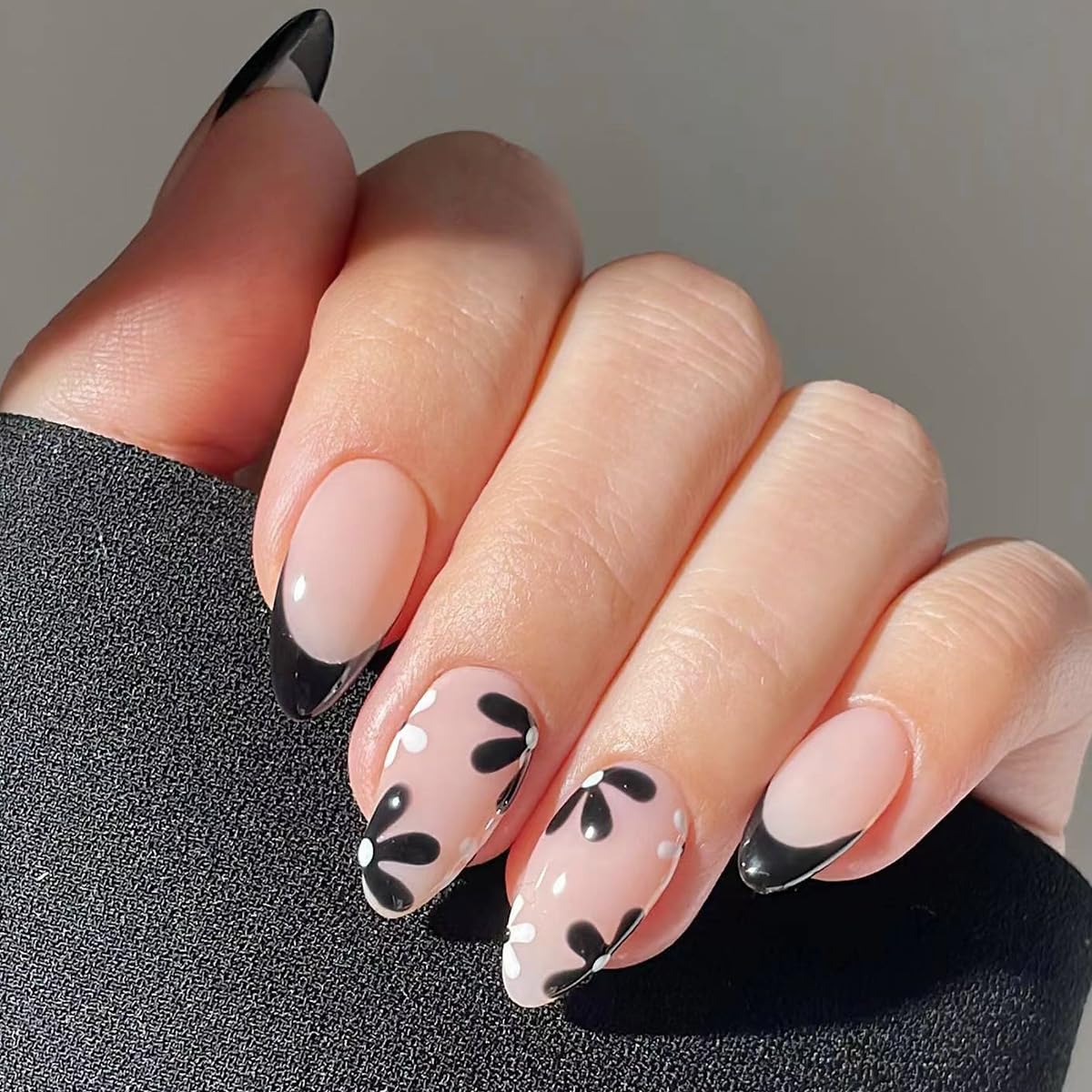 SXVME Black French Tip False Nails Almond Shape French Press on Nails with Floral Designs Natural Nude Artificial Fake Nails Medium Length Gel Stick on Nail for Women Office Summer Wear 24Pcs - Image 2