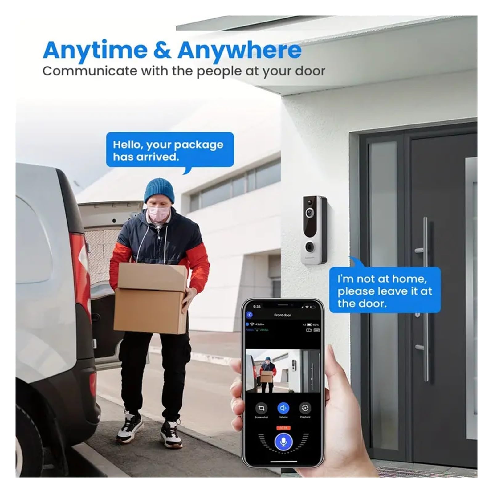 Sonnette vidéo Intelligente Wi-FI avec Carillon, interphone Audio bidirectionnel, Vision Nocturne, détection Humaine Intelligente par IA