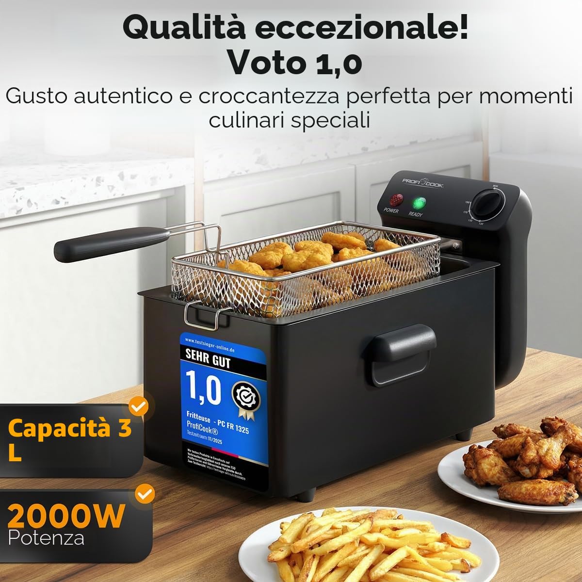 Friggitrice ProfiCook con grasso | 130-190 °C | Friggitrice con olio | 2000 W | 3 l | Coperchio antispruzzo | Friggitrice con zona fredda | Completamente smontabile | PC FR 1325 nero