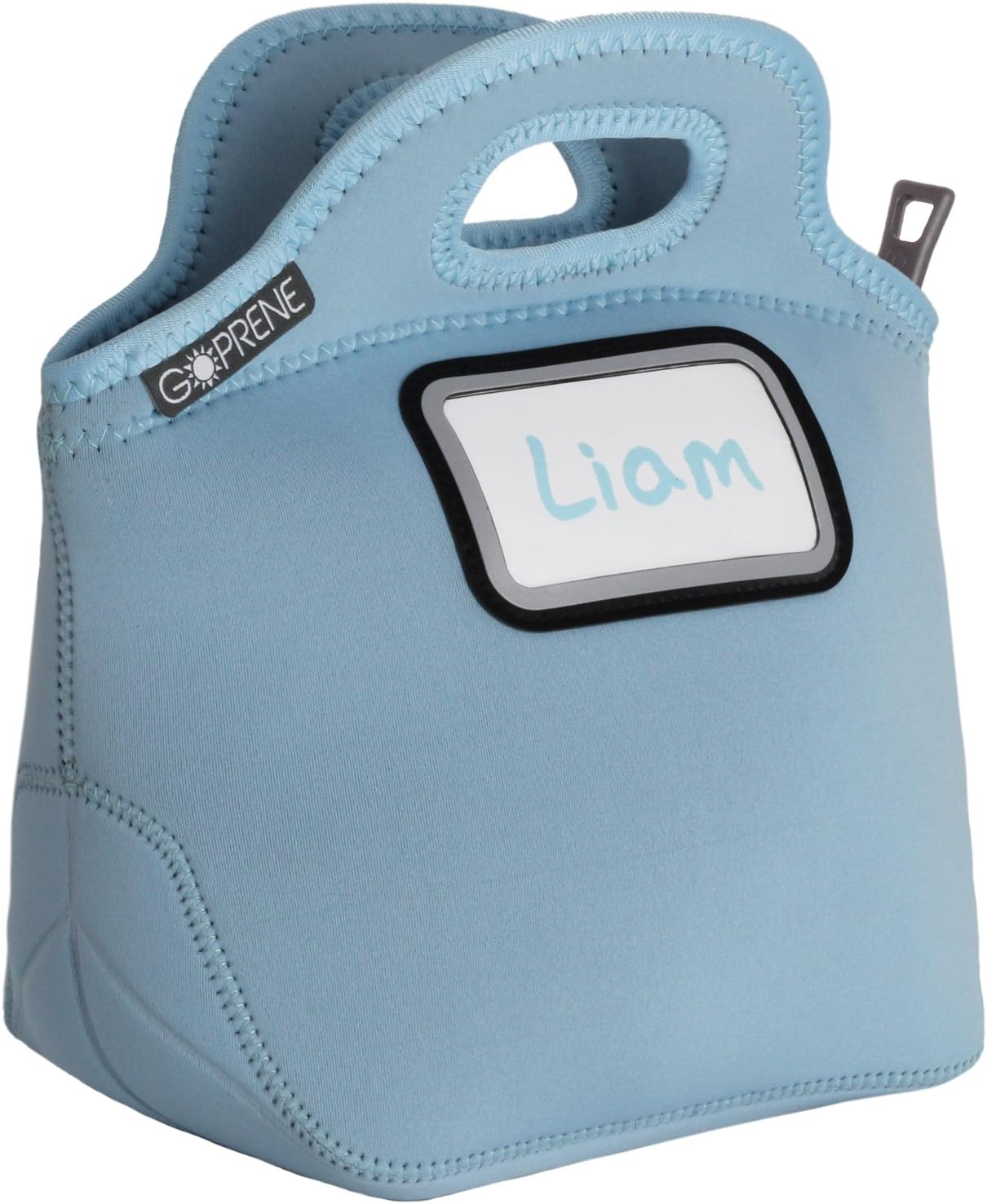 Identi Tote: Kids' Insulated Neoprene Lunch Bag with Reflective ID Card Pocket ~ Reusable, Foldable, Washable, Unisex, 11" High x 11" Wide x 6.5" Deep, BLUE + 3 Blank Name Cards by GOPRENE