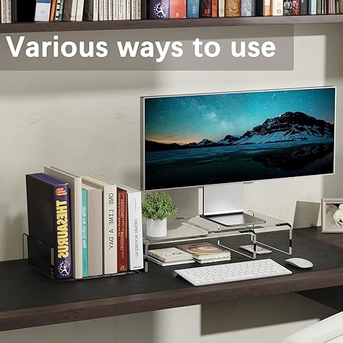 Miniatura 6 de X-cosrack Soporte elevador de monitor de acrílico transparente, 3 estantes ajustables con alfombrilla antideslizante, organizador de escritorio