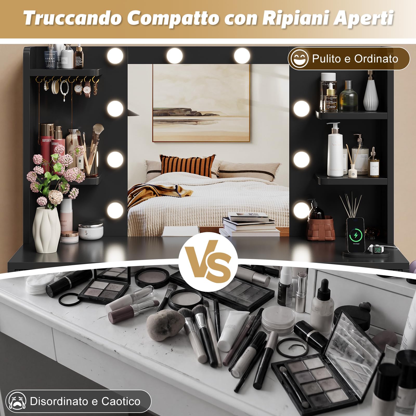 Devoko Mobile da Trucco Moderno con Illuminazione e Presa - Grande Comodino con Specchio, 9 Cassetti e Porta Phon, Tavolo Vanity per il Make-up (Nero)