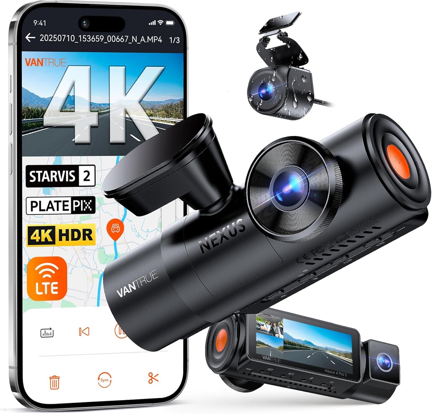 VANTRUE N4 Pro S Dashcam para Coche 3 Canales 4K Visión 360° HDR con WiFi