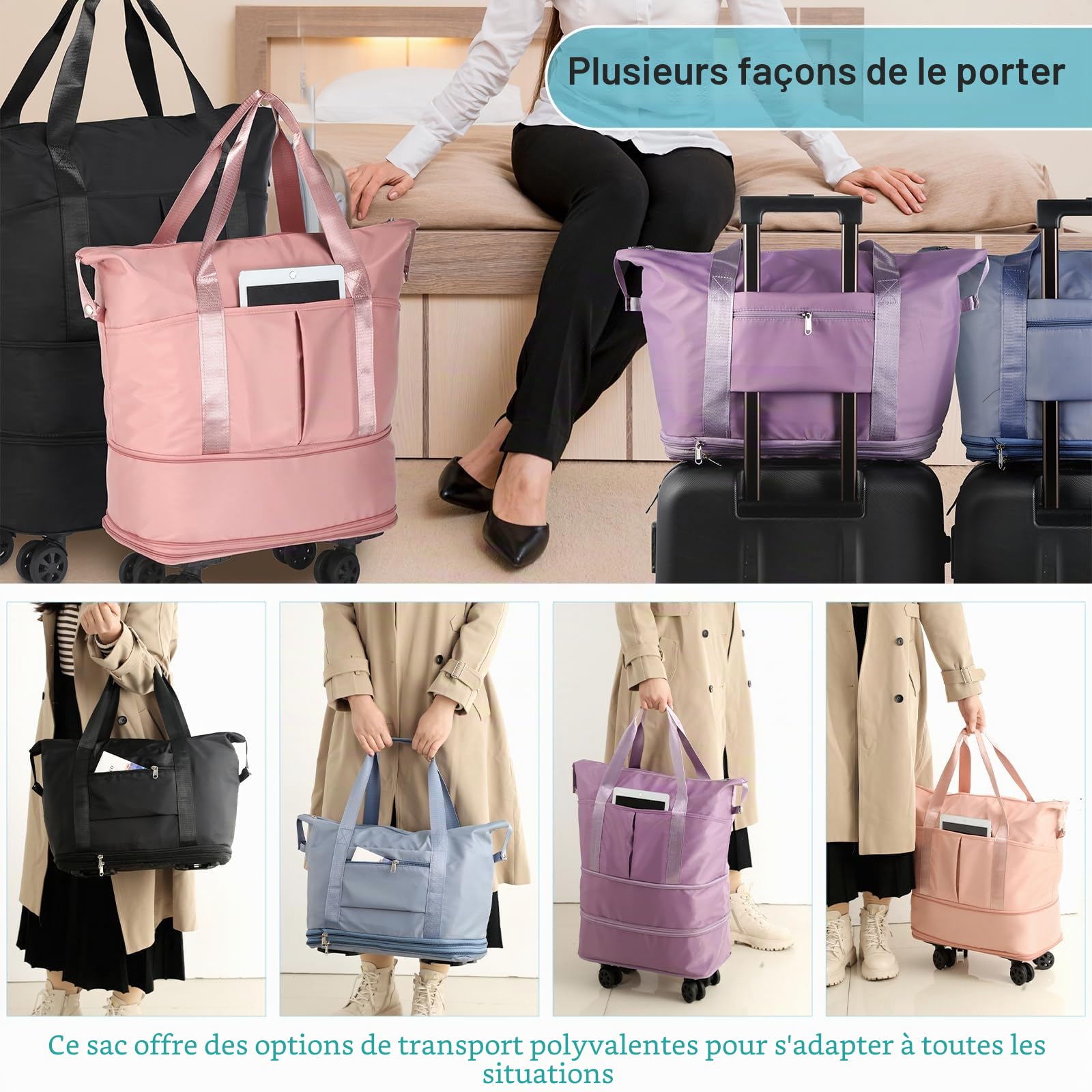VOOWO Sac de Voyage à roulettes Extensible Pliable avec roulettes pour Voyage Bagage à roulettes Bagage à Main Sac de Voyage Grand Sac de Week-End pour Homme et Femme, Noir, 15.7 x 8.6 x 15.8 inches