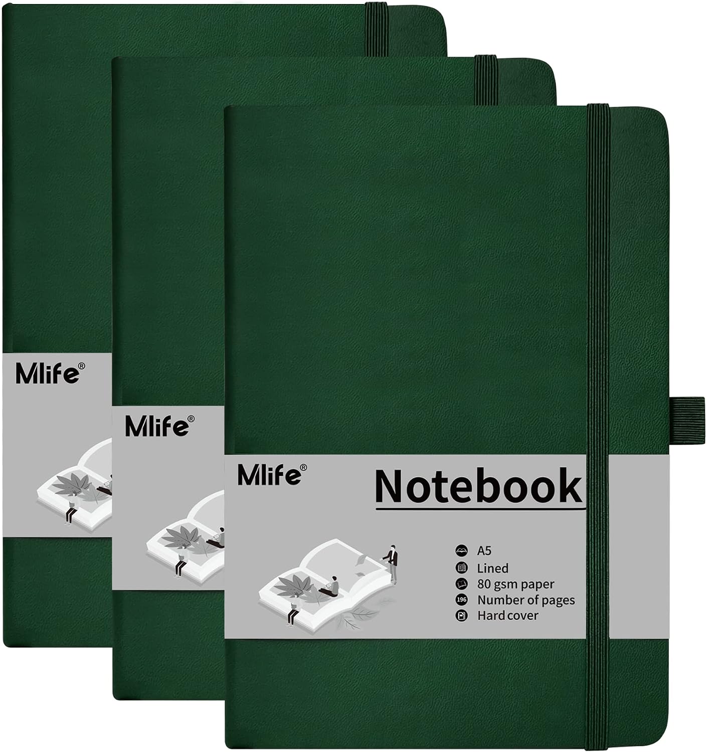Mlife A6 Small Journal Notebook, Lined Pocket Notebook with Pen Holder, Mini Hardcover Notebook, 192 Pages, 3.9 inches * 5.5 inches Journal for Women and Man (3Pack Green)