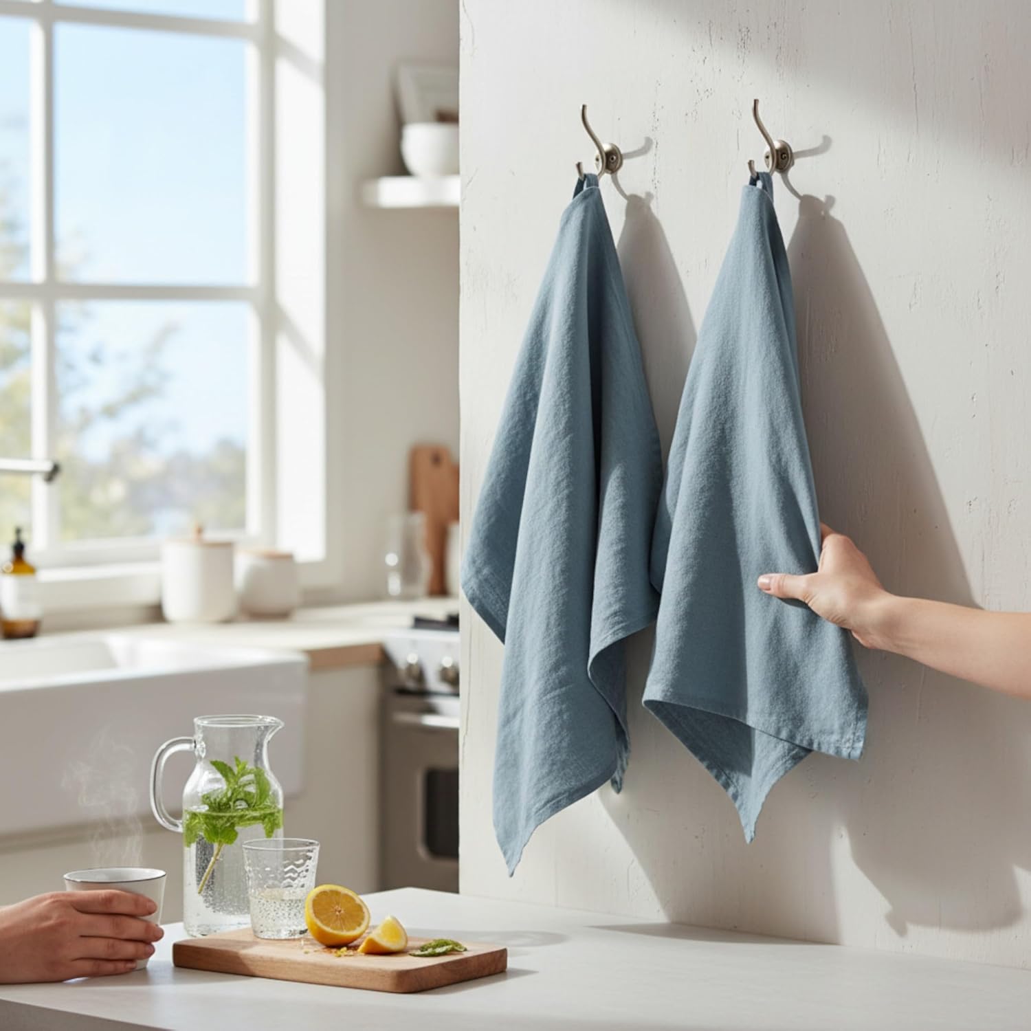 Linen Kitchen Dish Towels - 20 x 27 inch – 100% Pure Stonewashed Linen Hand Towel/Tea Towel - Set of 2 (Blue Bay)