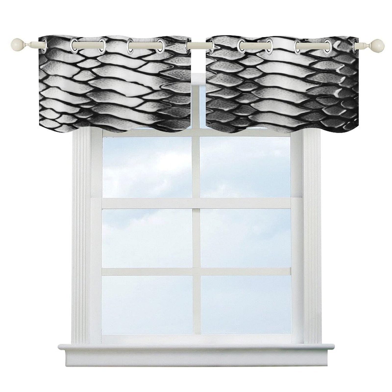Cortina corta para cocina en diseño moderno de piel de serpiente blanco y negro de 52x18 pulgadas