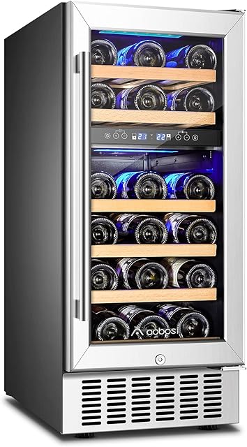 AAOBOSI Upgraded 15 Inch Wine Cooler, 28 Bottle Dual Zone Wine Refrigerator with Stainless Steel Tempered Glass Door,Memory Function, Fit Champagne Bottles, Wine Fridge Freestanding and Built-in