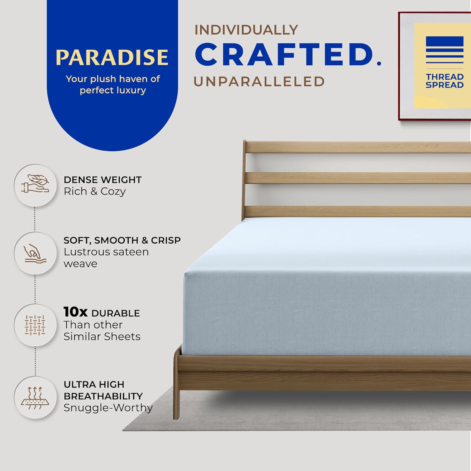 Thread Spread 100% Egyptian Cotton Queen Fitted Sheet Only - Luxury 1000 Series Paradise Collection Fitted Sheet Queen Size (Light Blue), Soft Cooling 22" Extra Deep Pocket Hotel Bottom Sheet
