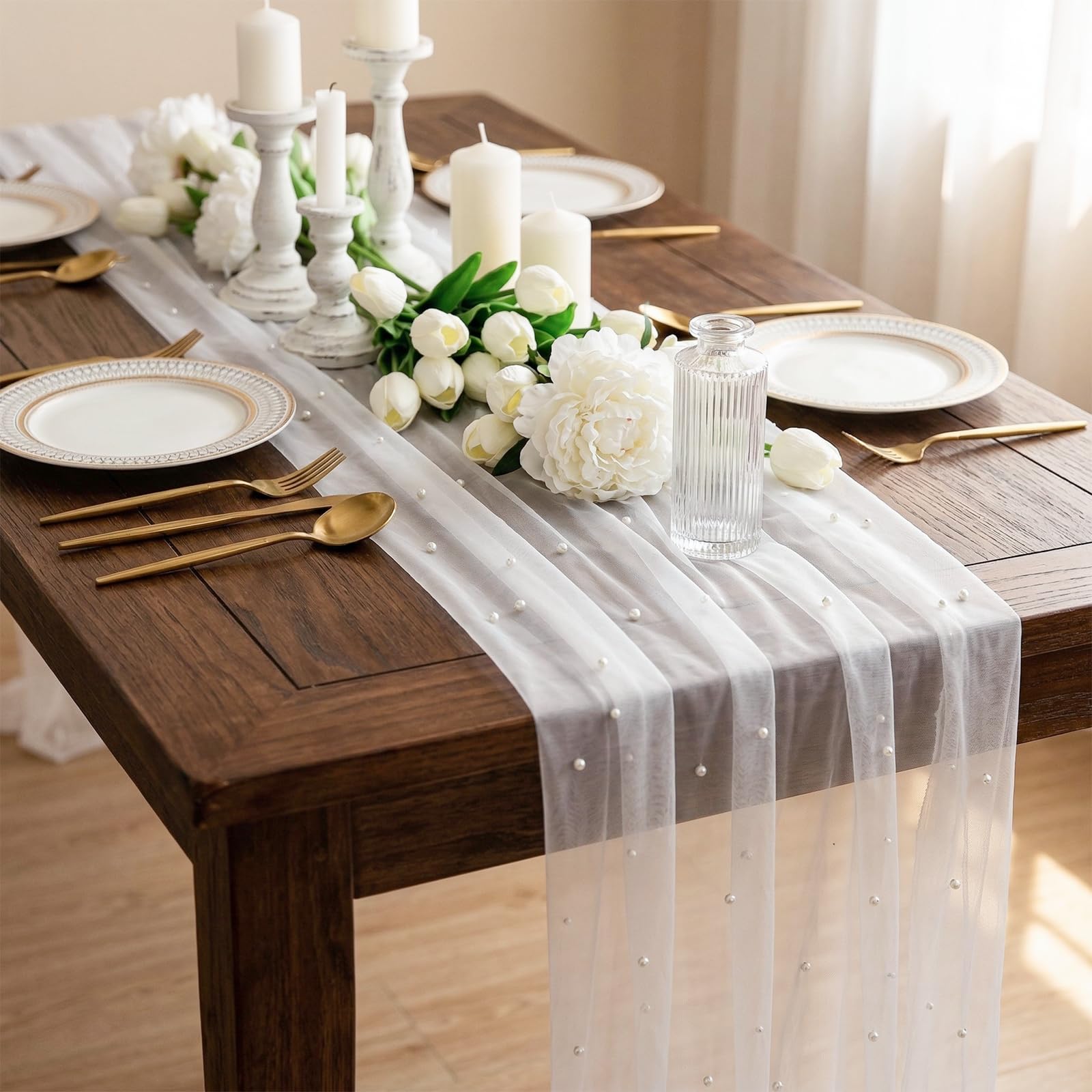 Pearl Gauze White Table Runner 75x300 cm, Sheer Cheesecloth Table Runners for Dining Table, Holiday, Birthday Wedding, Party & Dining Table Decor