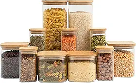 Kit 11 potes de vidro com tampa de bambu herméticos - Tüd
