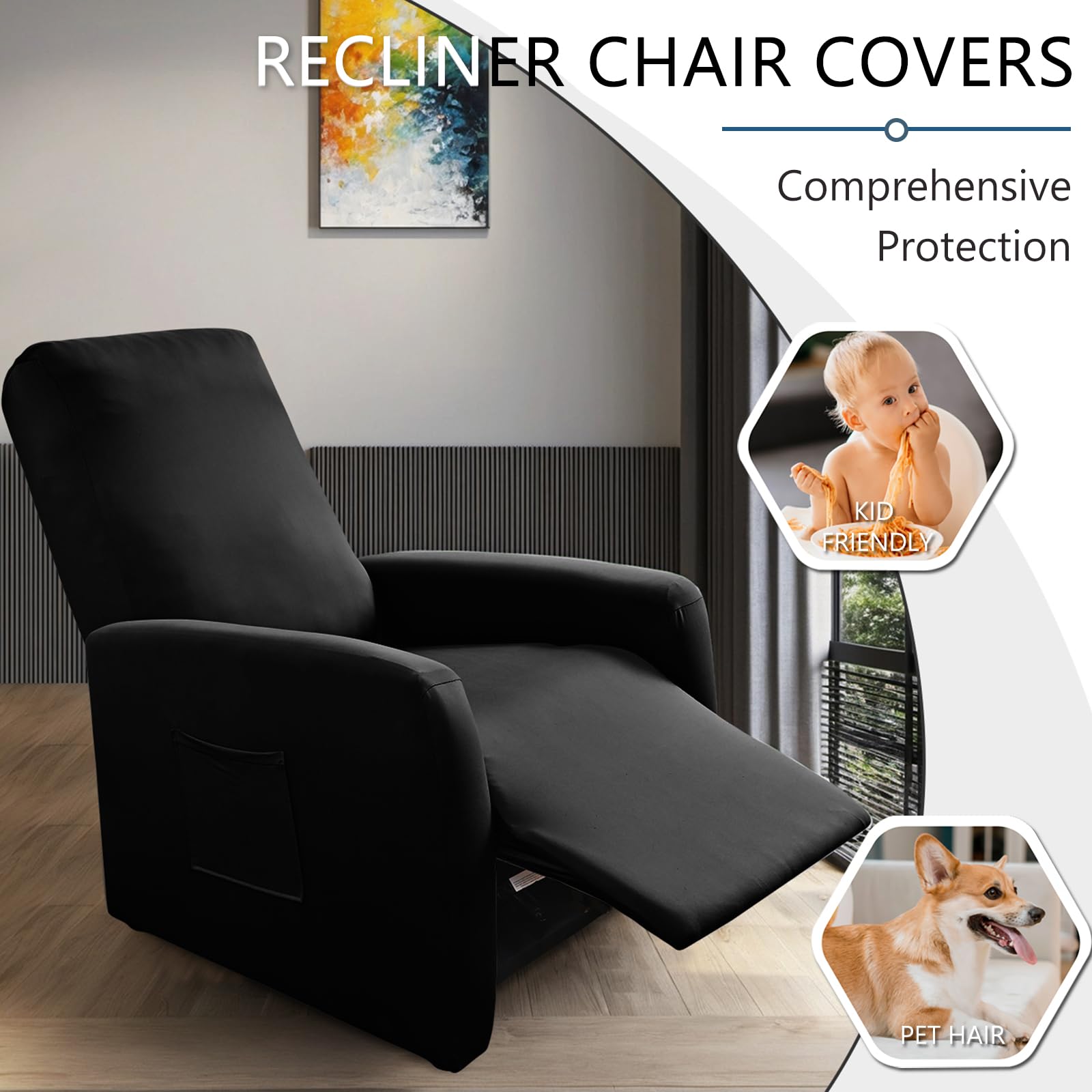 Générique Housse de Fauteuil Relax Imperméable Extensible, 4 pièces Couleur Unie Housse de Canapé Antidérapante avec Poche Latérale, Protege de Meubles Lavable pour Fauteuil Inclinable-Black