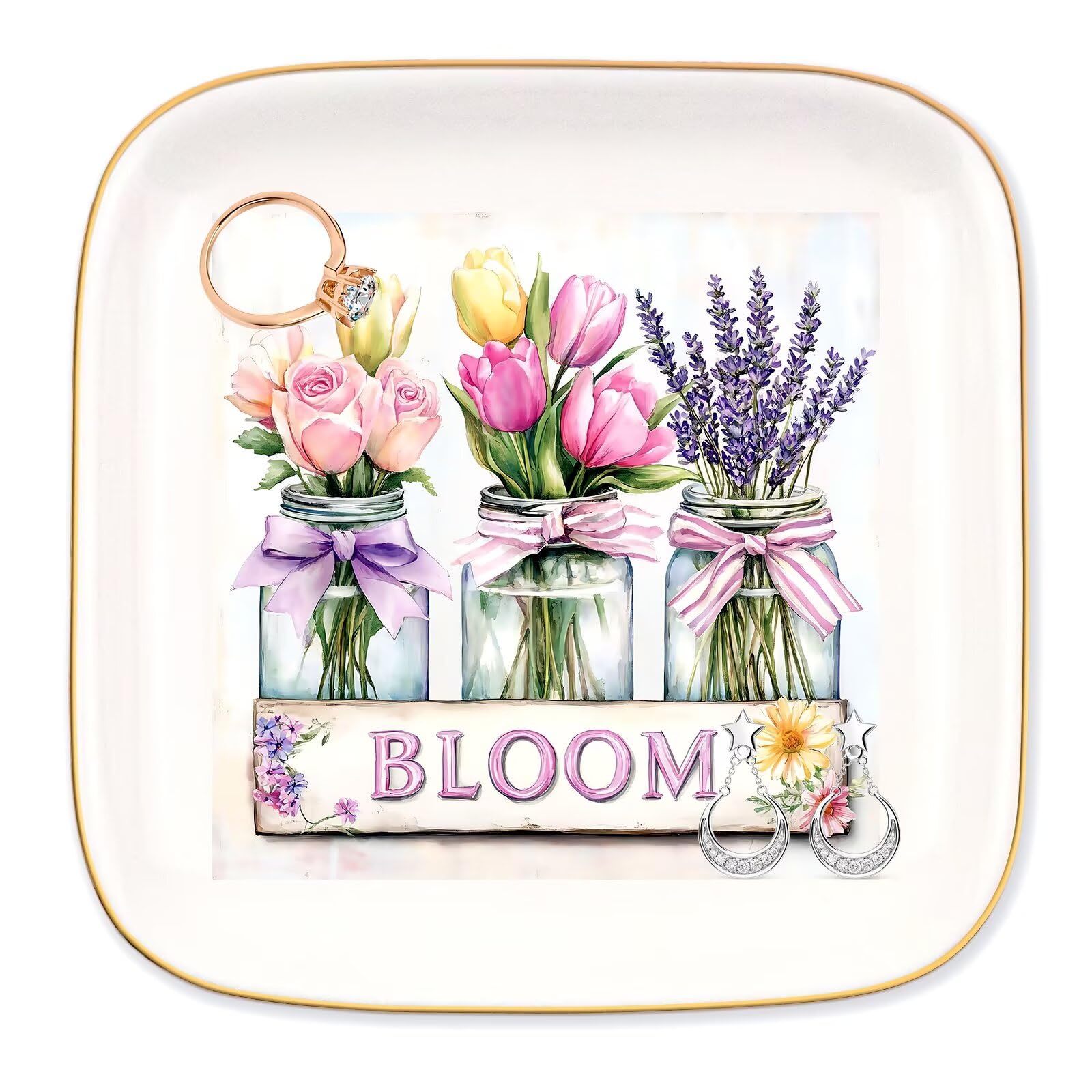 Ceramic Jewelry Ring Dish, Necklace Earrings Holders Tray Summer Gift - Vase Bloom Tulip Lavender, Gifts for Mother's Day, Christmas, Thanksgiving, and Birthdays for women 19