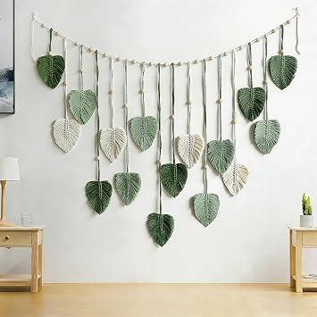 Avoik Macrame Woven Wall Hanging Boho Woven Leaf Tapestry Large Green Leaves Wall Decor Chic Home Decor Handmade Feather Wall Art for Bedroom Living Room Apartment Wall Decorations, 47x29 inch