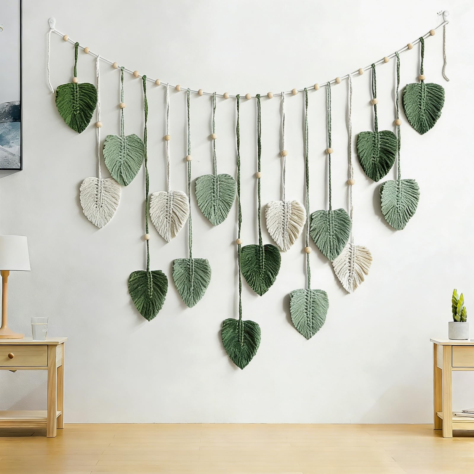 Avoik Macrame Woven Wall Hanging Tapestry Boho Chic Home Decor Woven Green Leaf Large Tapestry Wall Art Decor Handmade Feather for Bedroom Living Room Apartment Hanging Decorations, 47x29 inch — image 1
