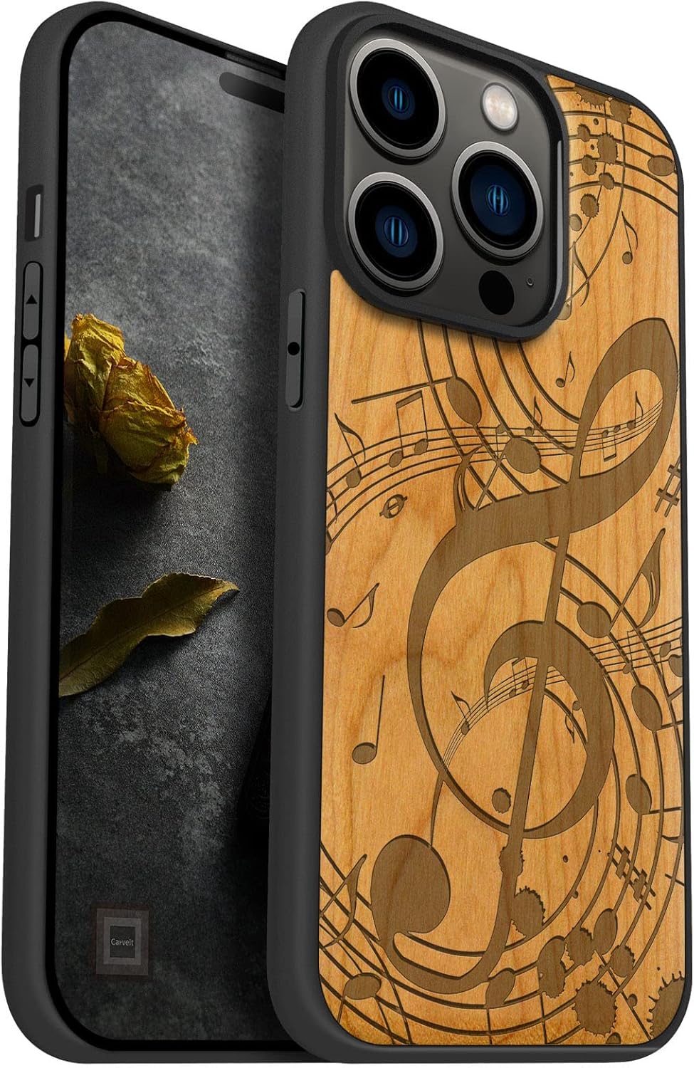 Carveit Magnetic Wood Case for iPhone 14 Pro Case [Natural Wood & Black Soft TPU] Unique & Classy Wooden Shockproof Protective Cover Compatible with magsafe (Musical Note -Cherry)