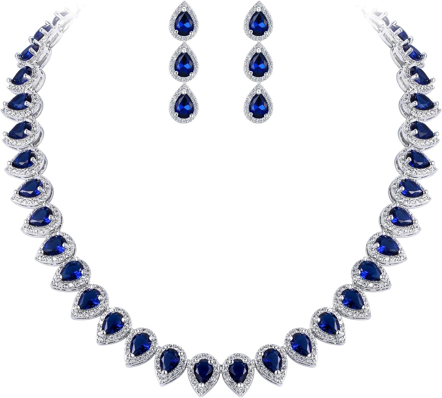 EleQueen Women's Silver-Tone Full Prong Cubic Zirconia Teardrop Bridal Necklace Earrings Set