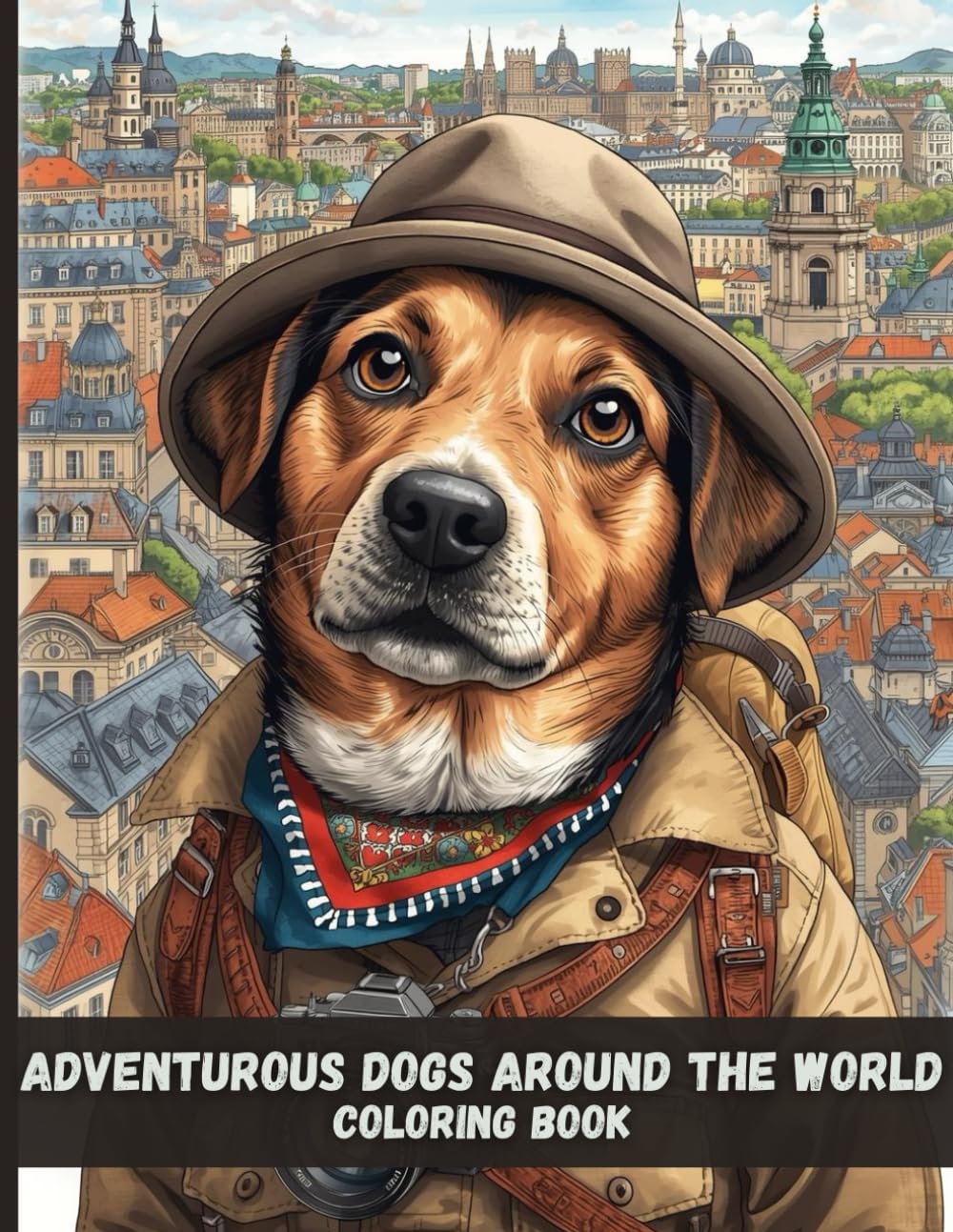 Adventurous Dogs Around the World Coloring Book: Charming Traveling Dogs, European-Inspired Cities, and Relaxing Black & White Pages for Adults