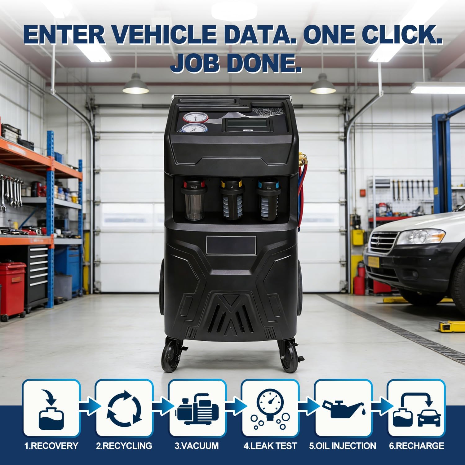 Fully Automatic R134a or R1234yf Refrigerant Recovery Recycling and Recharge Machine, Touch Screen AC Service Unit w/Vacuum Pump, Leak Test, Oil Injection, for Automotive A/C Systems