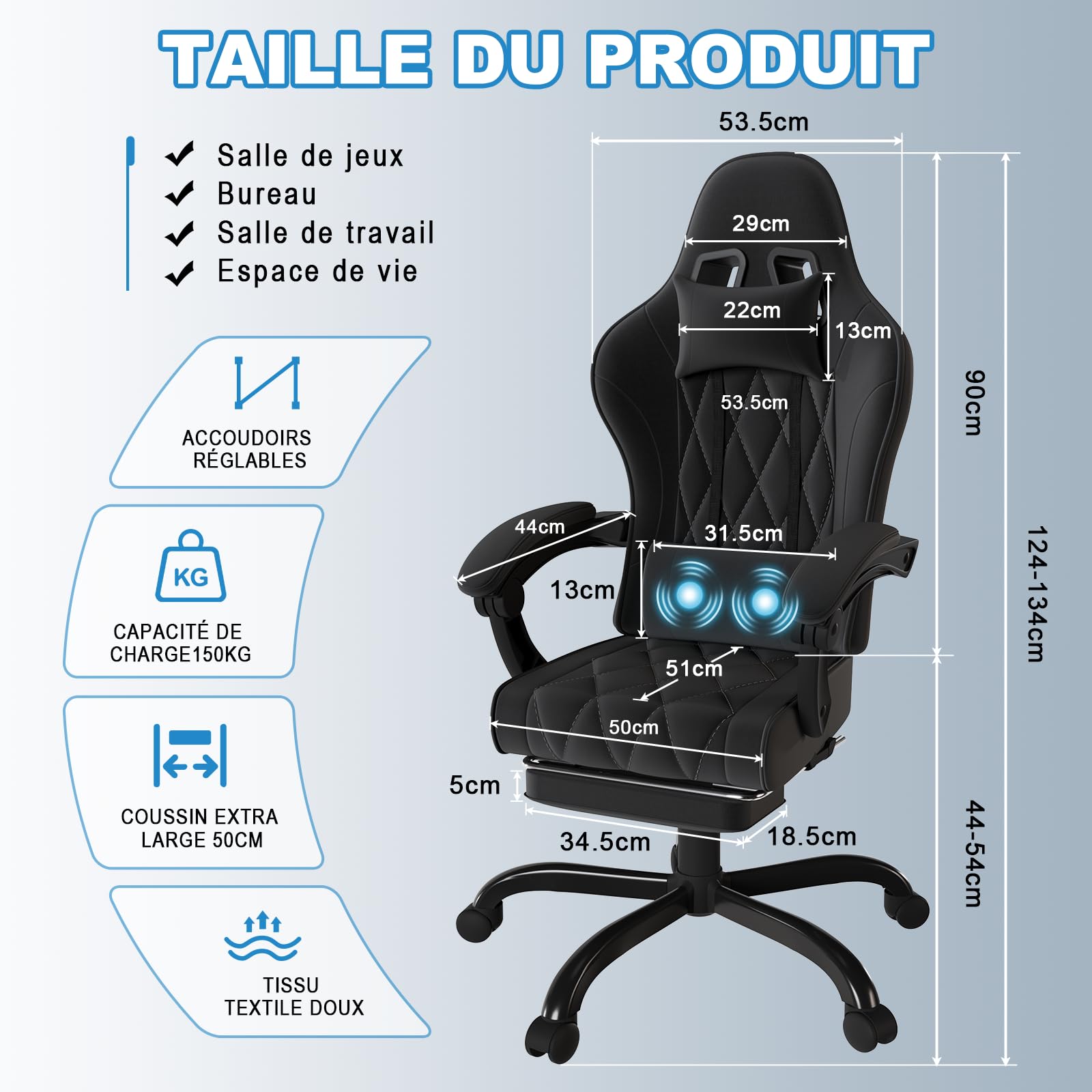 JUMMICO Chaise de Gaming en Tissu avec Repose-Pieds Extensible, Chaise de Bureau Ergonomique avec Massage, Hauteur réglable, Chaise Gamer avec Rembourrage à Ressorts, Capacité de Charge 150KG, Noire