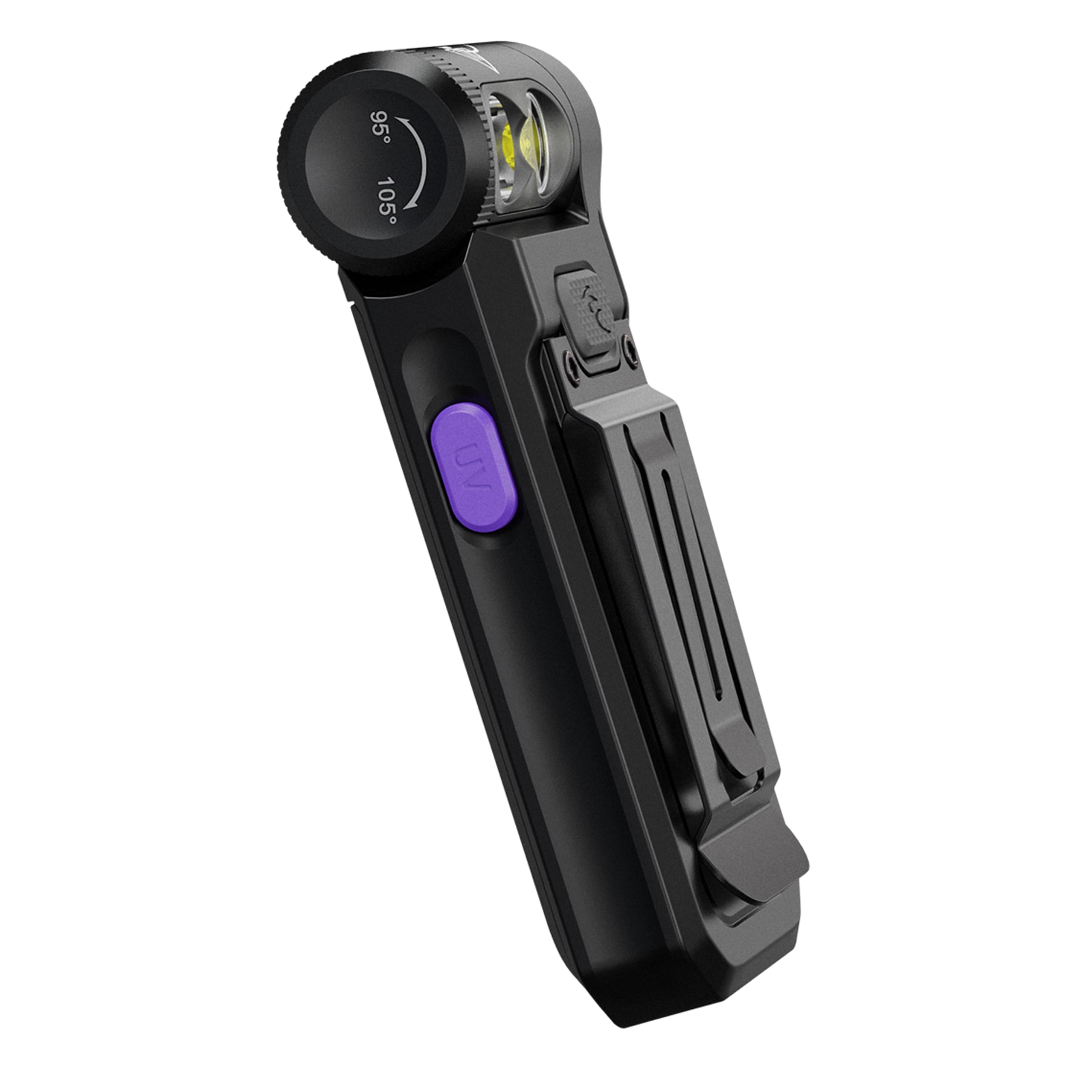 fenix SW05R-UV, corpo nero | LED bianchi e UV | Torcia ricaricabile per ispezione e sicurezza | 150 lumen | 39 m | 49 ore max | 3 livelli di luce bianca | Luce UV da 1500 mW | Testa rotante a 200