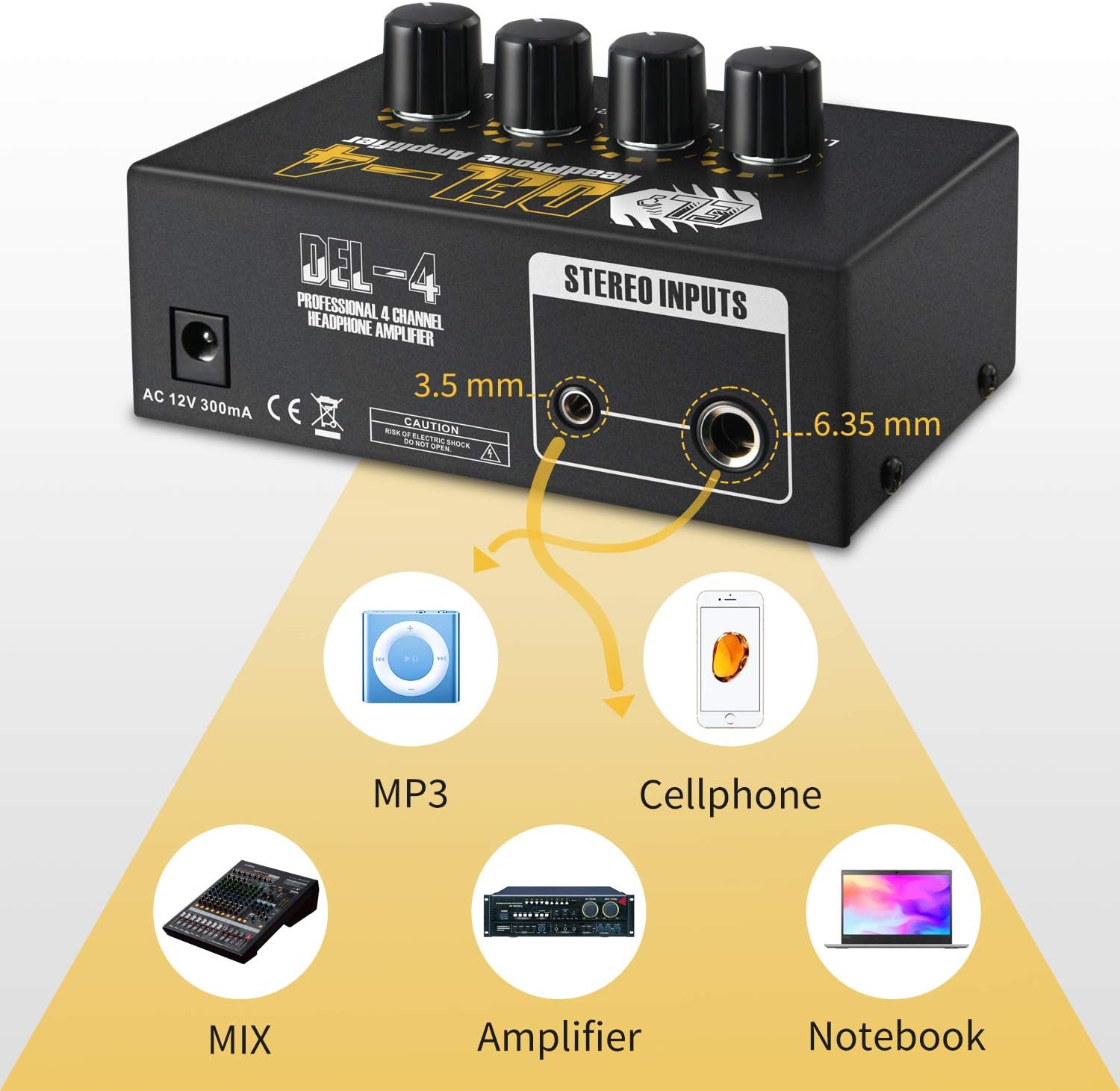Headphone Amplifier Donner 4 Channels Metal Stereo Audio Amplifier,Mini Earphone Splitter with Power Adapter-4x Quarter Inch Balanced TRS Headphones Output and TRS Audio Input for Sound Mixer-DEL-4