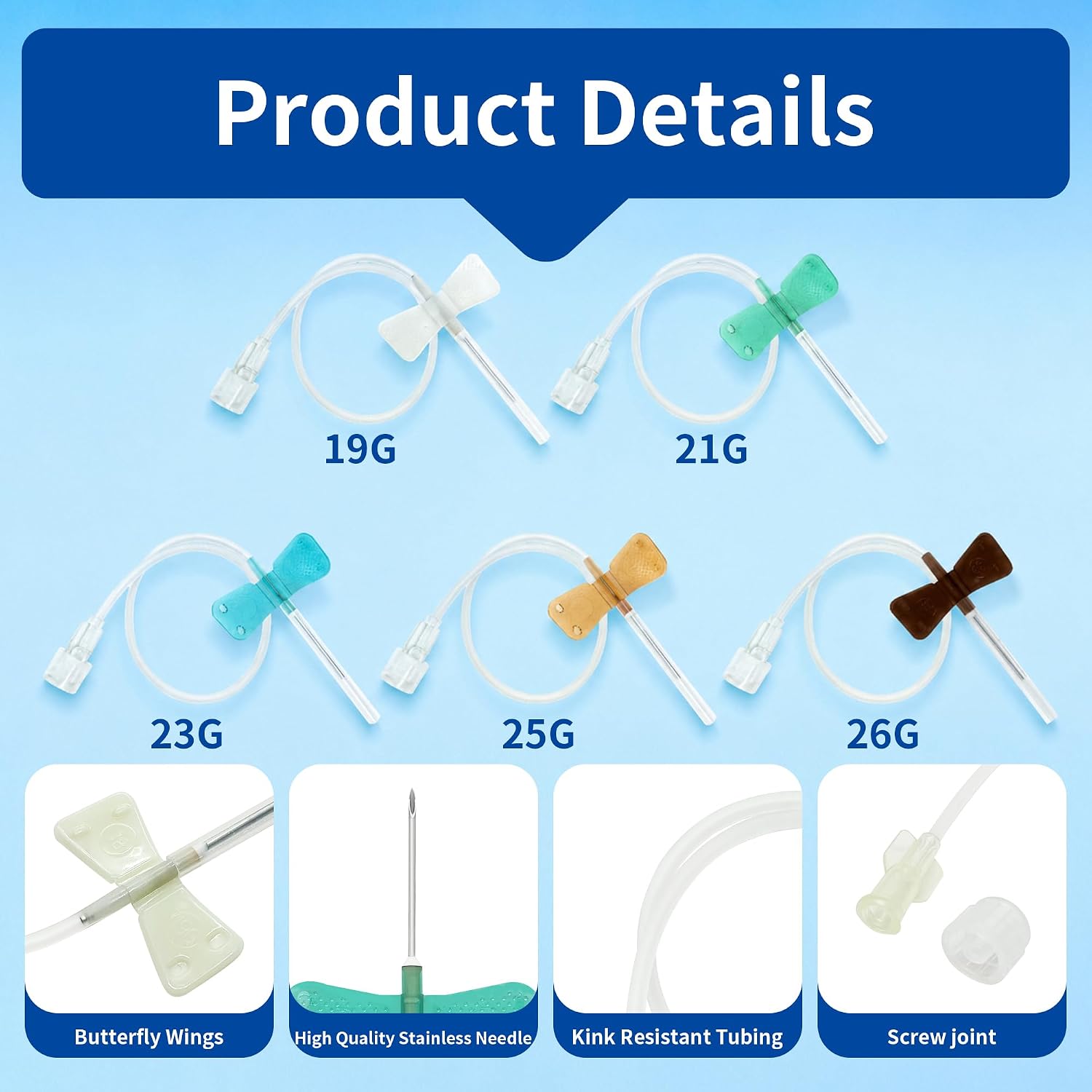 50 Pack Veterinary Butterfly Needles, Sterile Winged Sets for Animal Care | Sterile veterinary butterfly needles with flexible tubing, available in 19G-26G sizes for livestock and companion animals.