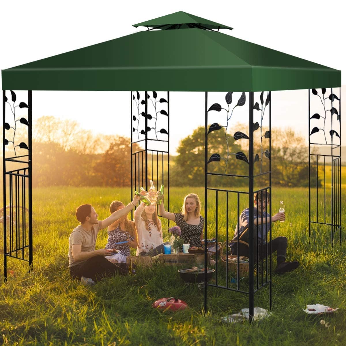 GYMAX Gazebo da Esterno Impermeabile Tendone da Giardino per Campeggio, Copertura a Doppio Strato 300x300cm (Verde)