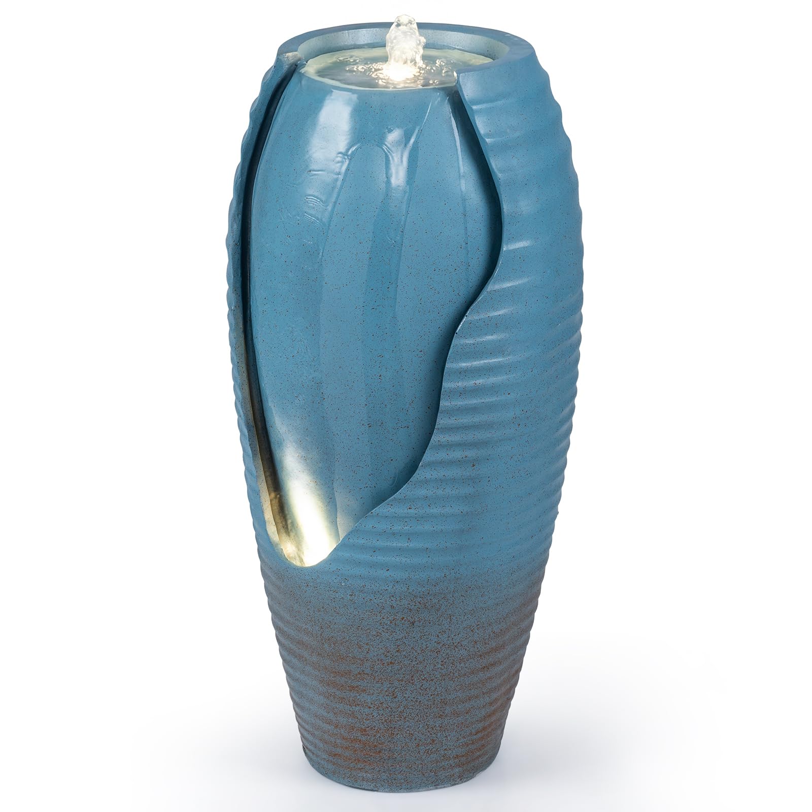 Giantex 32" Outdoor Jar Water Fountain with LED Lights, Vintage Blue Cracked Jar Design, Cascading Waterfall with Adjustable Pump, Resin Patio Water Feature for Garden, Balcony, Porch, Indoor Decor
