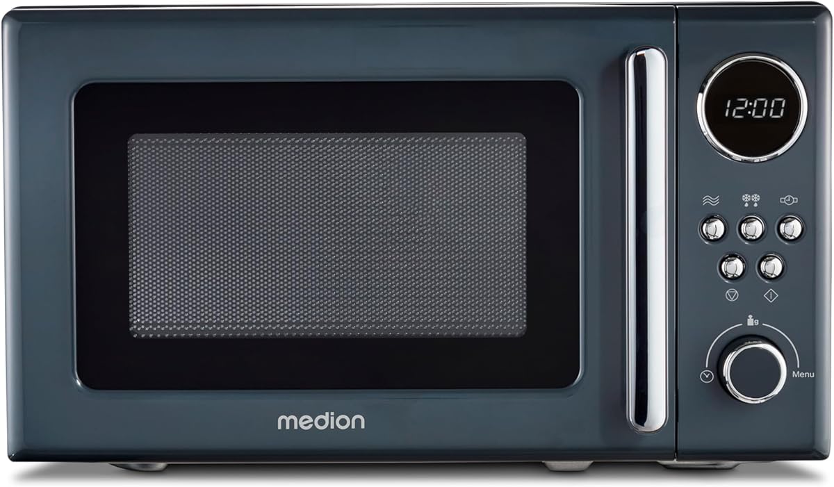 MEDION Retro Mikrowelle klein (20 Liter, ca. 800 Watt, 5 Mikrowellenstufen, 8 Automatikprogramme, Digitale Anzeige, Auftaufunktion, kompakt, MD15000) grau