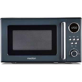 MEDION MD15000 Retro Microwave Small 20 Litres Approx. 800 Watt 5 Microwave Levels 8 Automatic Programs Digital Display Defrost Function Compact Gray