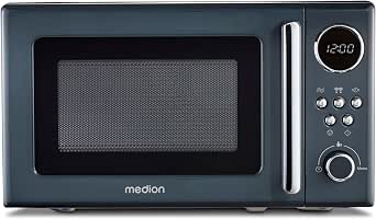 MEDION Retro Mikrowelle klein (20 Liter, ca. 800 Watt, 5 Mikrowellenstufen, 8 Automatikprogramme, Digitale Anzeige, Auftaufunktion, kompakt, MD15000) grau