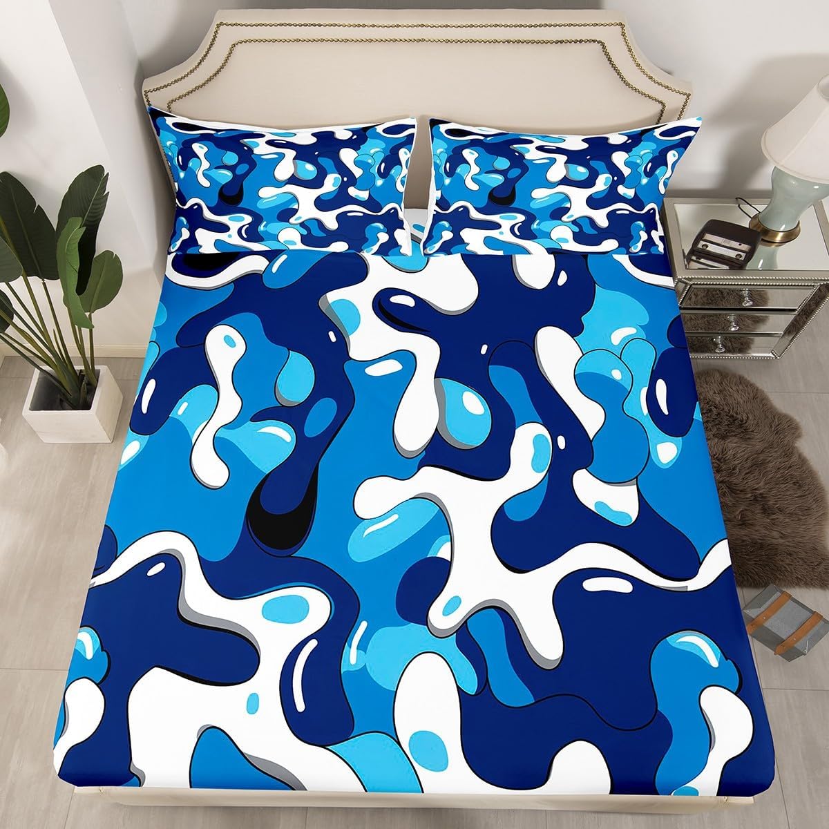 jejeloiu Camo Bed Sheets Set Twin Size Military Style Bed Set for Kids Boys Girls Blue Deep Pocket Fitted Sheet Camouflage Breathable Soft Lightweight Microfiber