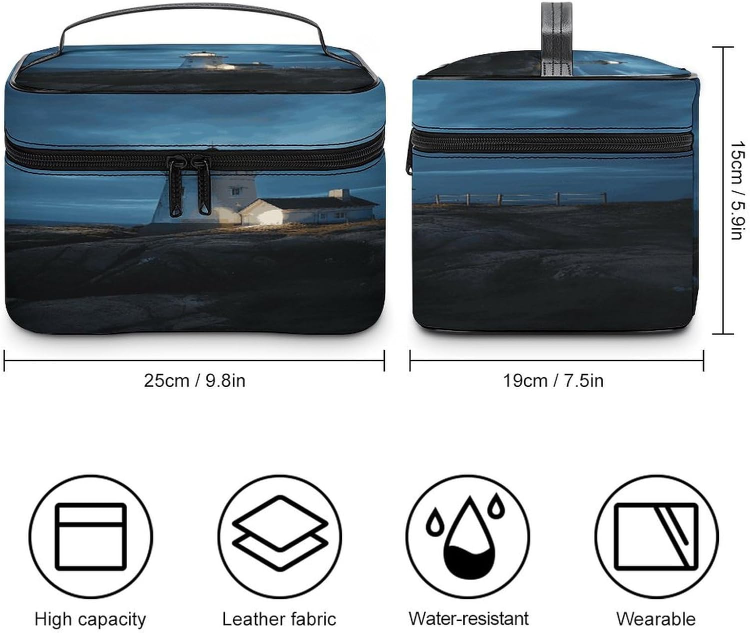 Lighthouse at Night Makeup Bag with Handle Fashion Portable Travel Toiletry Bag Exquisite Large Capacity Cosmetic Bags Lightweight Travel Accessories Storage Bags for Women image 2