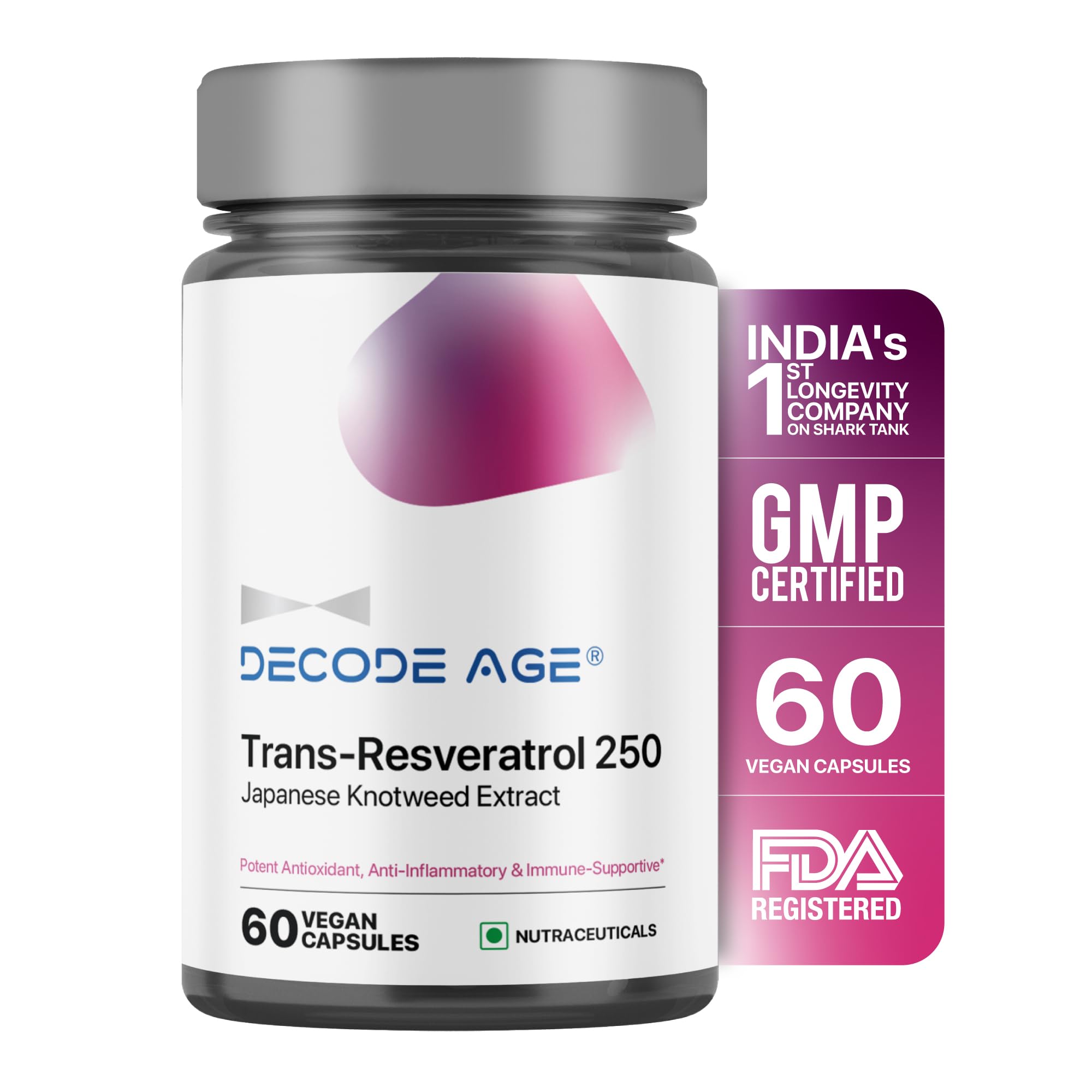Decode Age Trans Resveratrol Supplement | Powerful Antioxidant for Anti-Ageing, Anti-Inflammatory, Metabolism & Heart Health | 250mg, 60 Capsules, Vegan (B0BR18GFWG) Amazon Price History, Amazon Price Tracker