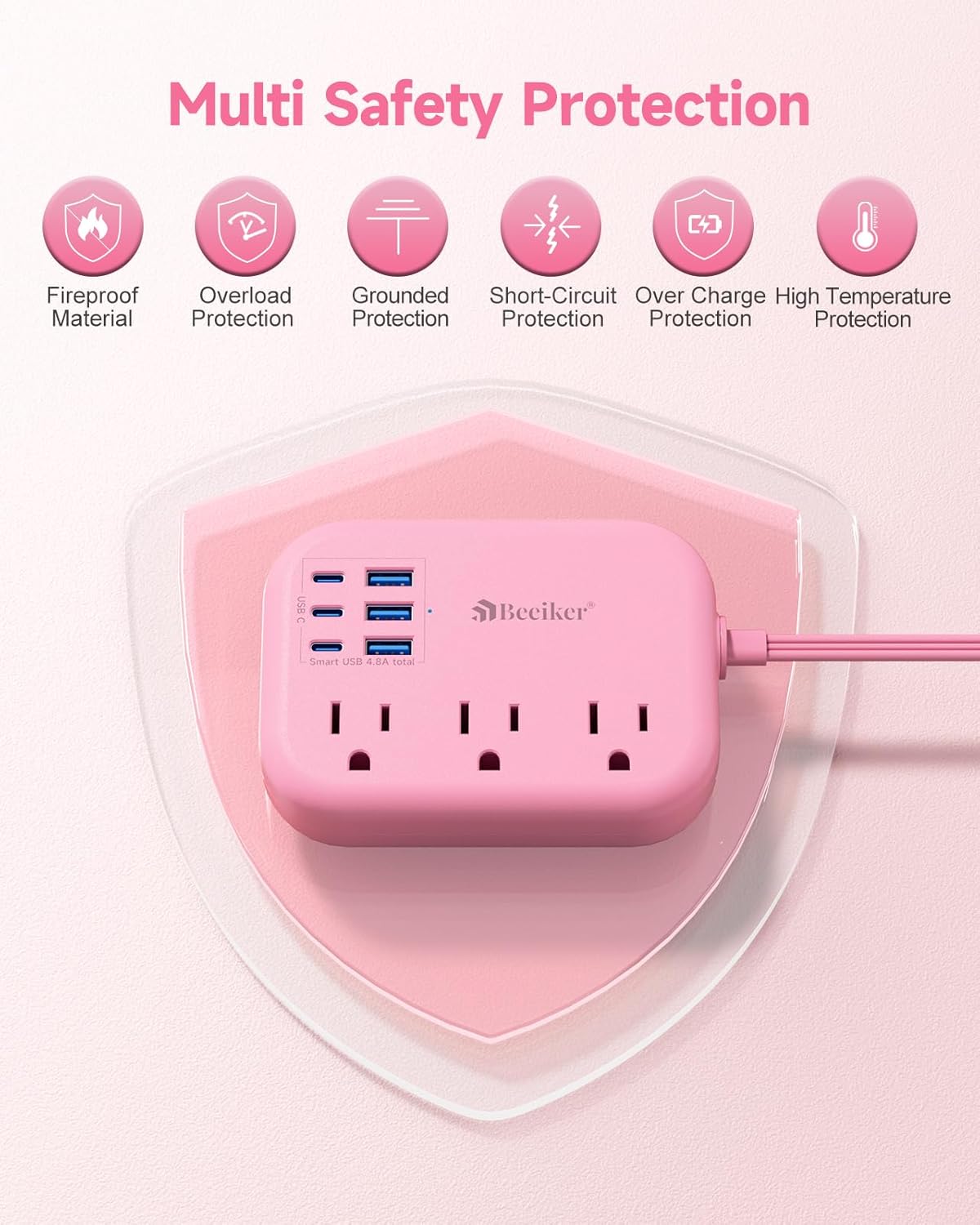 6 USB(3 USB C) Pink Power Strip- 5Ft Pink Extension Cord with 6 USB Charging Station 24W/4.8A and 3 Outlets, Pink Desk Accessories for Cruise Travel Pink Cute Kawaii College Dorm Desk Home Essentials Pink-6 USB 24W-5ft image 6 of 8 B0DRC4F3MQ