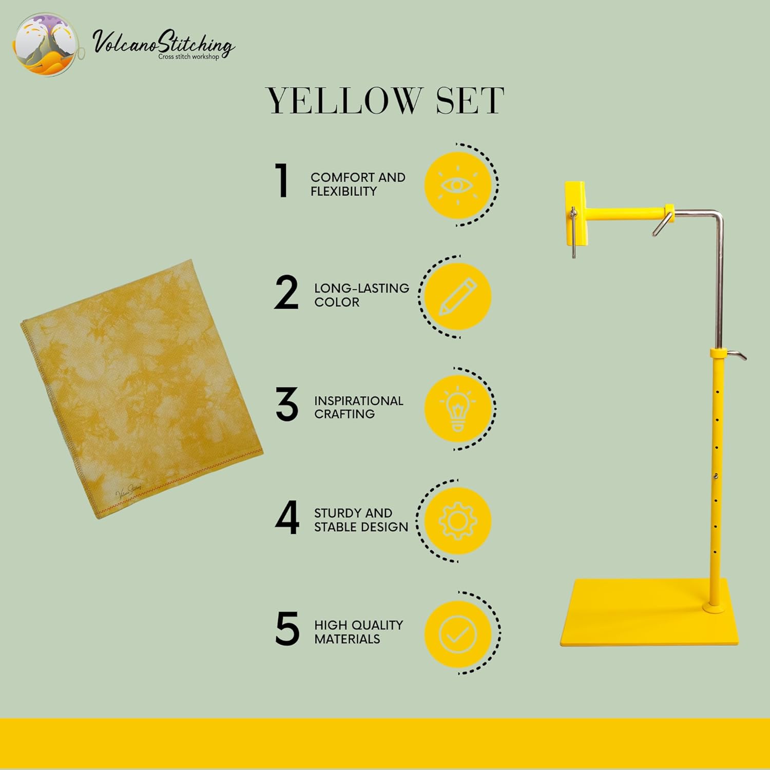 Cross Stitch Set Featuring Lowery Saffran Floor Stand with Yellow Hand Dyed 14ct Aida Fabric – Complete Embroidery and Needlework Bundle for Stitchers and Crafters