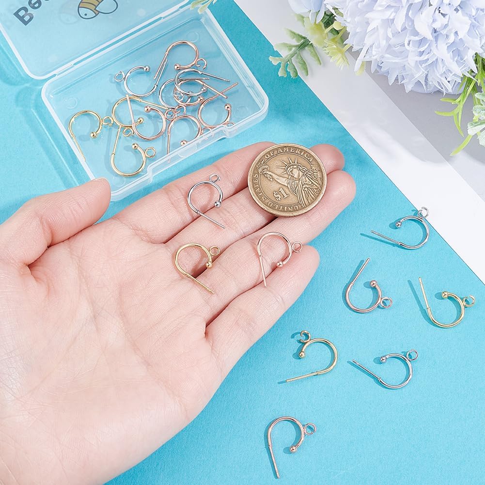Beebeecraft 1 Box 24Pcs Half Hoop Earring Findings 24K Gold & Rose Gold Plated 304 Stainless Steel 3 Color Huggie Dangle Earrings with Loop and Ear Nuts for Women DIY Jewelry Dangle Earring Making
