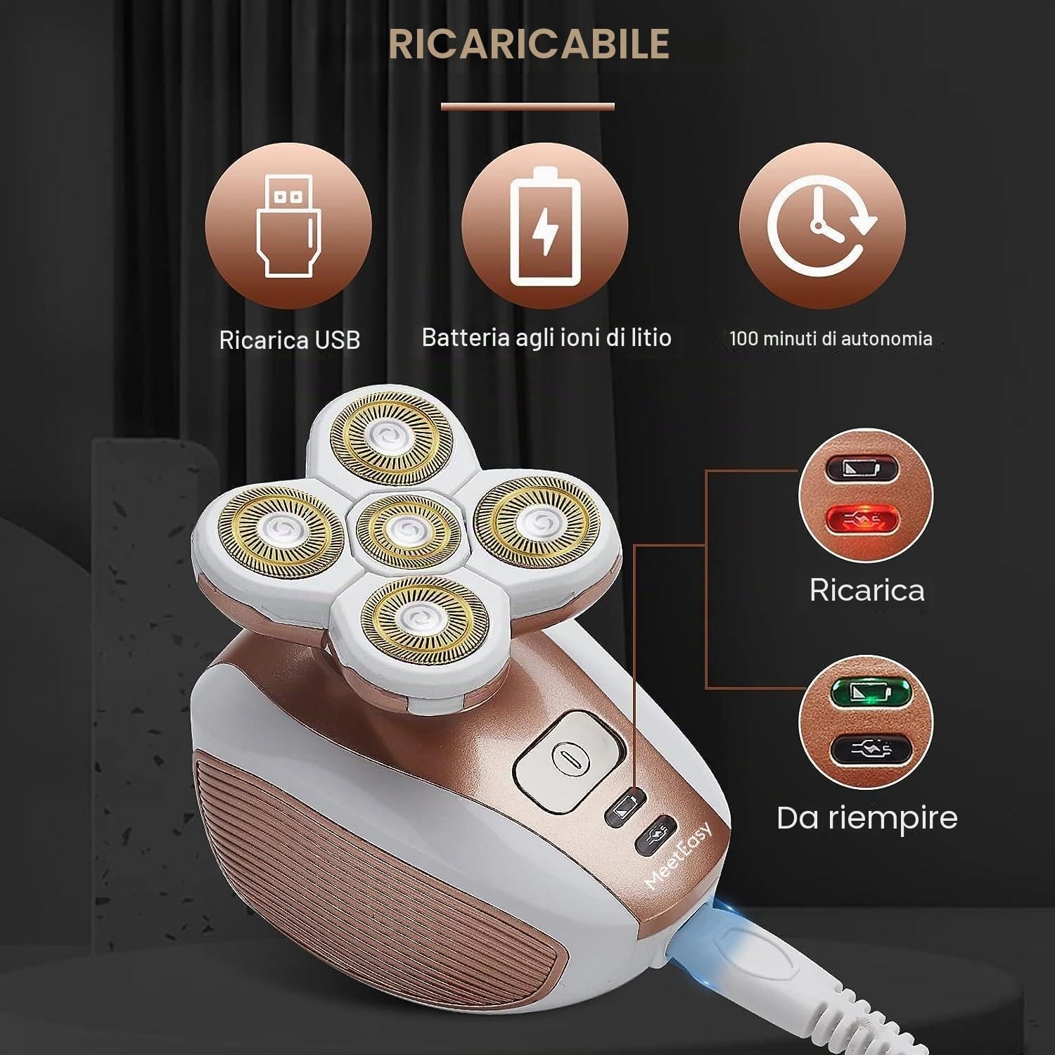 Depilatore elettrico da donna, senza fili, impermeabile, per viso, gambe, corpo, labbra, ascelle, indolore, con display a LED e blocco di sicurezza (oro rosa)