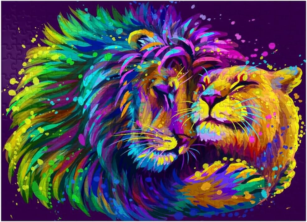 MyPuzzle Artistic Neon Lion Hugging Lioness in Pop Art Style - Premium 1000 Piece Jigsaw Puzzle for Adults