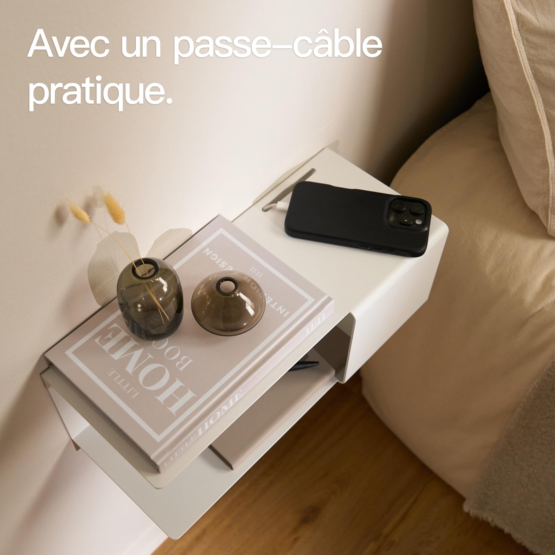 Design Hambourg Table de chevet murale en métal | Blanc | Table de chevet murale avec compartiment caché et passe-câbles | Compacte, moderne et facile à monter